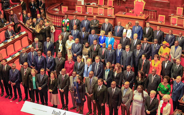 Presidents among delegates attending the Plenary session of the Italy-Africa summit in Rome, Italy on January 29, 2024.
