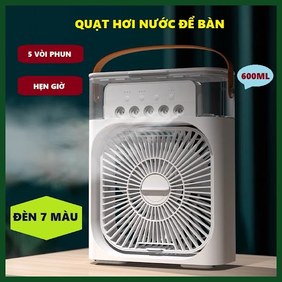 Quạt Điều Hòa Mini, Quạt Hơi Nước Để Bàn 3 Chế Độ Gió Dung Tích Bình Chứa Nước 600Ml Tích Hợp Đèn Led