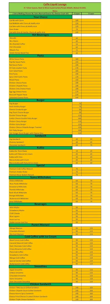 Cafe Liquid Lounge menu 