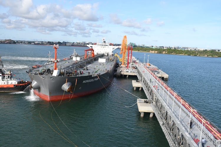 An aerial view of MT Nord Dolphin at the dock on berth no 2 of Mombasa port.