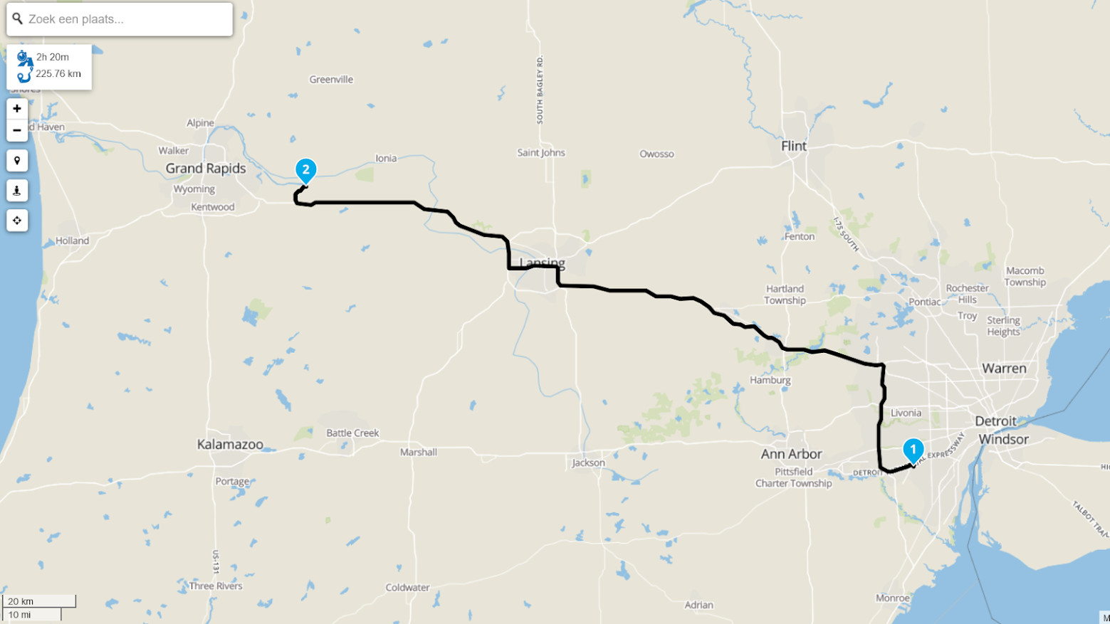 De route van vandaag. Afgelegde afstand over de weg: 226 km