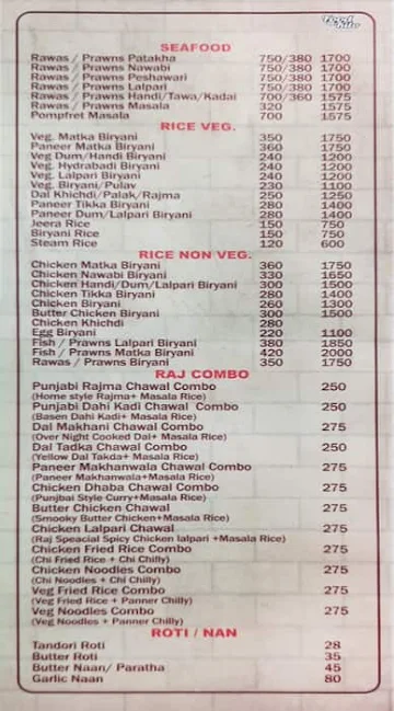 Raj Restaurant menu 