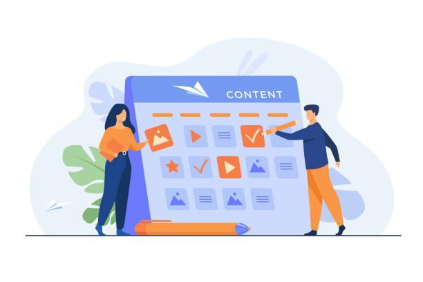 Happy SEO planning campaign for social media Happy SEO planning campaign for social media isolated flat vector illustration. Cartoon tiny characters standing near calendar with plan for website content. development and communication concept contenet calanedar stock illustrations