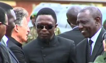World Athletics President Sebastian Coe shakes hand with President William Ruto during late Kelvin Kiptum burial service on February 23, 2024.
