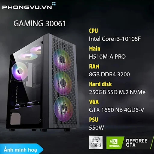 PC Phong Vũ Gaming 30061 Intel Core i3-10105F/8GB/250GB SSD/GeForce GTX 1650/Free DOS/
