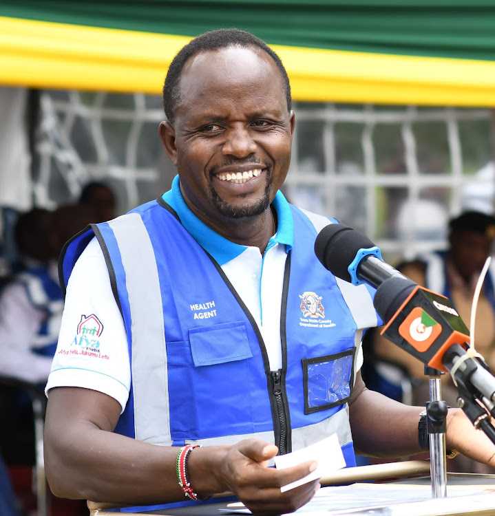 Trans Nzoia governor George Natembeya speaking at Mt Elgon hospital in Kitale