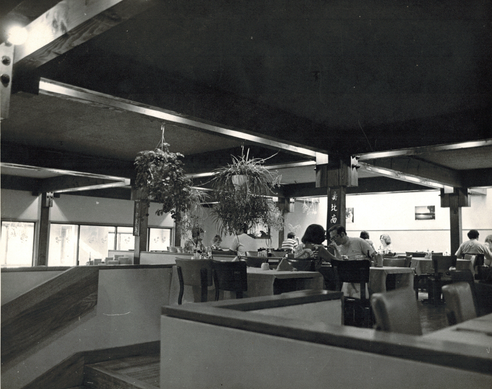 Two people seated in a large room of tables. Two plants hang from the ceiling.