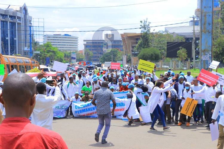 Healthcare workers hired by government under the Universal Healthcare program stage demonstrations wants the government to put them on permanent and pensionable terms on April 8, 2024.