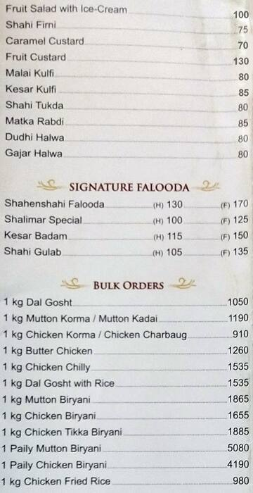 Shalimar Restaurant menu 