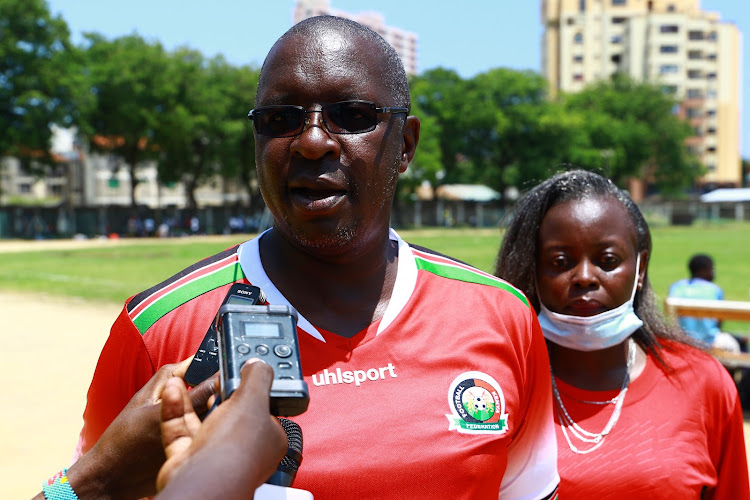 FKF youth committee chair Chris Amimo and Mombasa chair Lillian Kazungu at Mbaraki ground in Mombasa on Thursday.