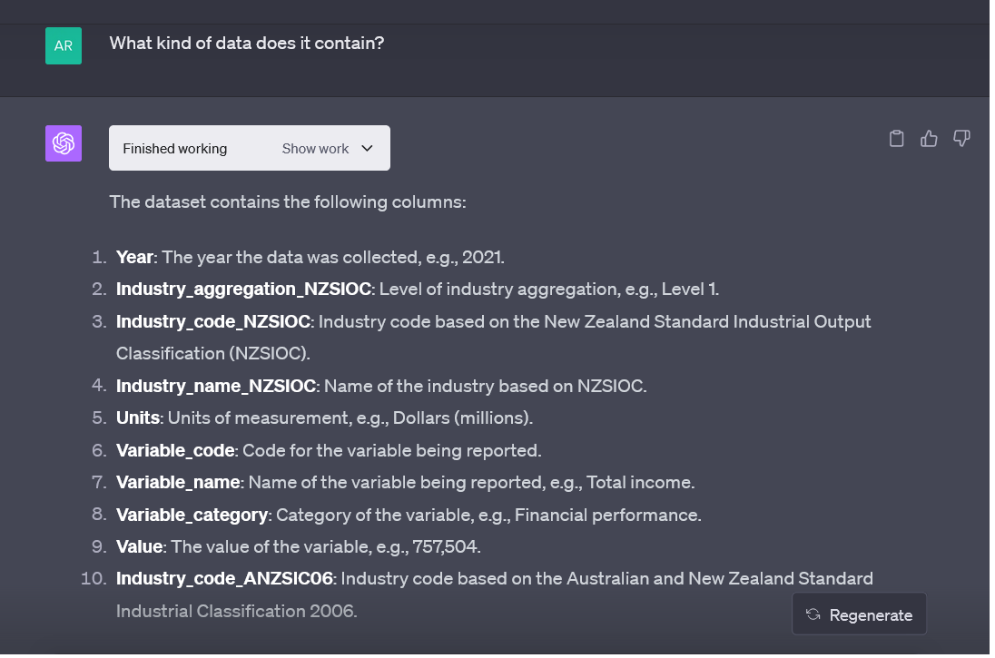 ChatGPT providing analysis of uploaded data