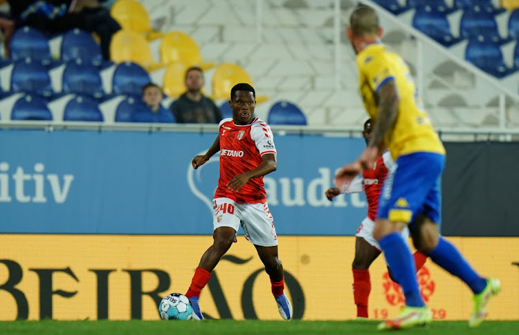 Kobamelo Kodisang of SC Braga in action during the Liga Bwin match between GD Estoril Praia and SC Braga at Estadio Antonio Coimbra da Mota on April 18, 2022 in Estoril, Portugal.