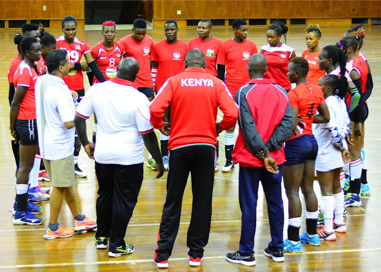 National women's volleyball team converge after their recent training session at the Moi Indoor Arena, Kasarani