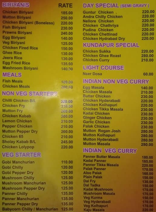 Santhrupthi Fine Dine menu 