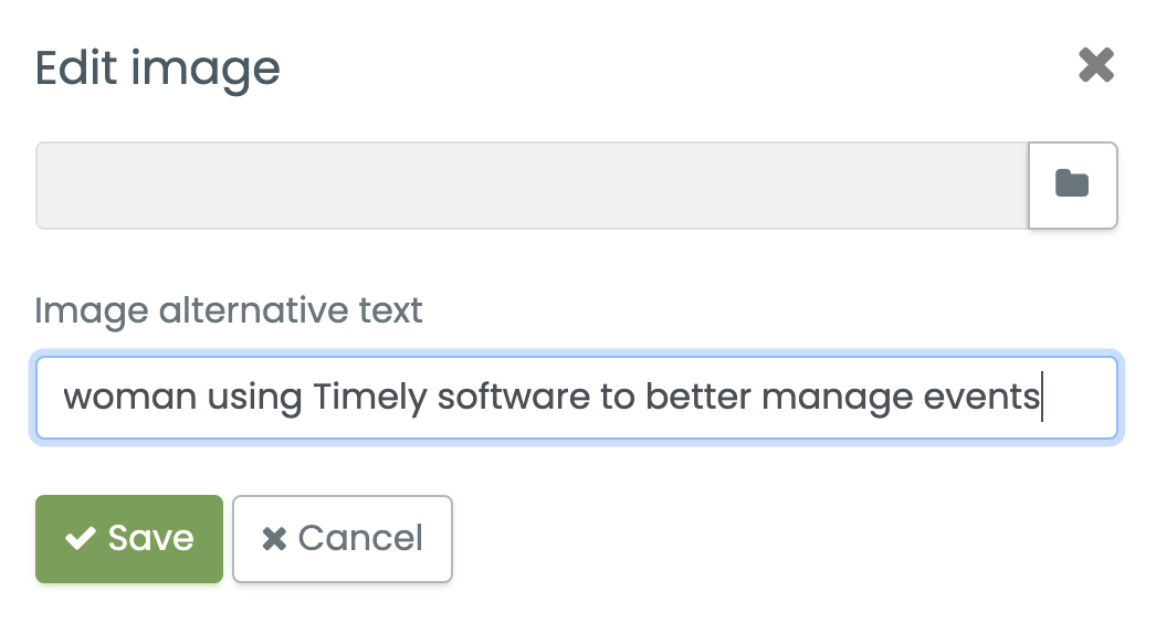 Print screen of Timely dashboard showing how to add alternate text to images
