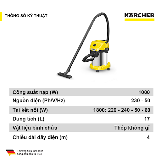 Máy hút bụi đa năng khô và ướt 1000W Karcher WD 3 S Premium, có chức năng hút và thổi, bình chứa bụi thép không gỉ 17L chống nước