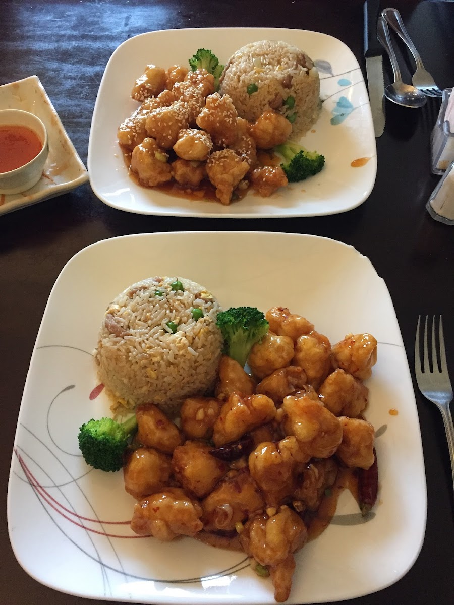 Top is sesame chicken with pork fried rice. Bottom is general tso’s chicken with pork fried rice.