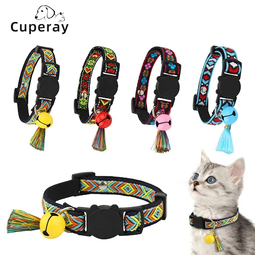 Adjustable Cat Collar, Jacquard Embroidered Plaid Cat Collar with Bells and Floral Pendant Prevent Loss Fits Pet Cats & 