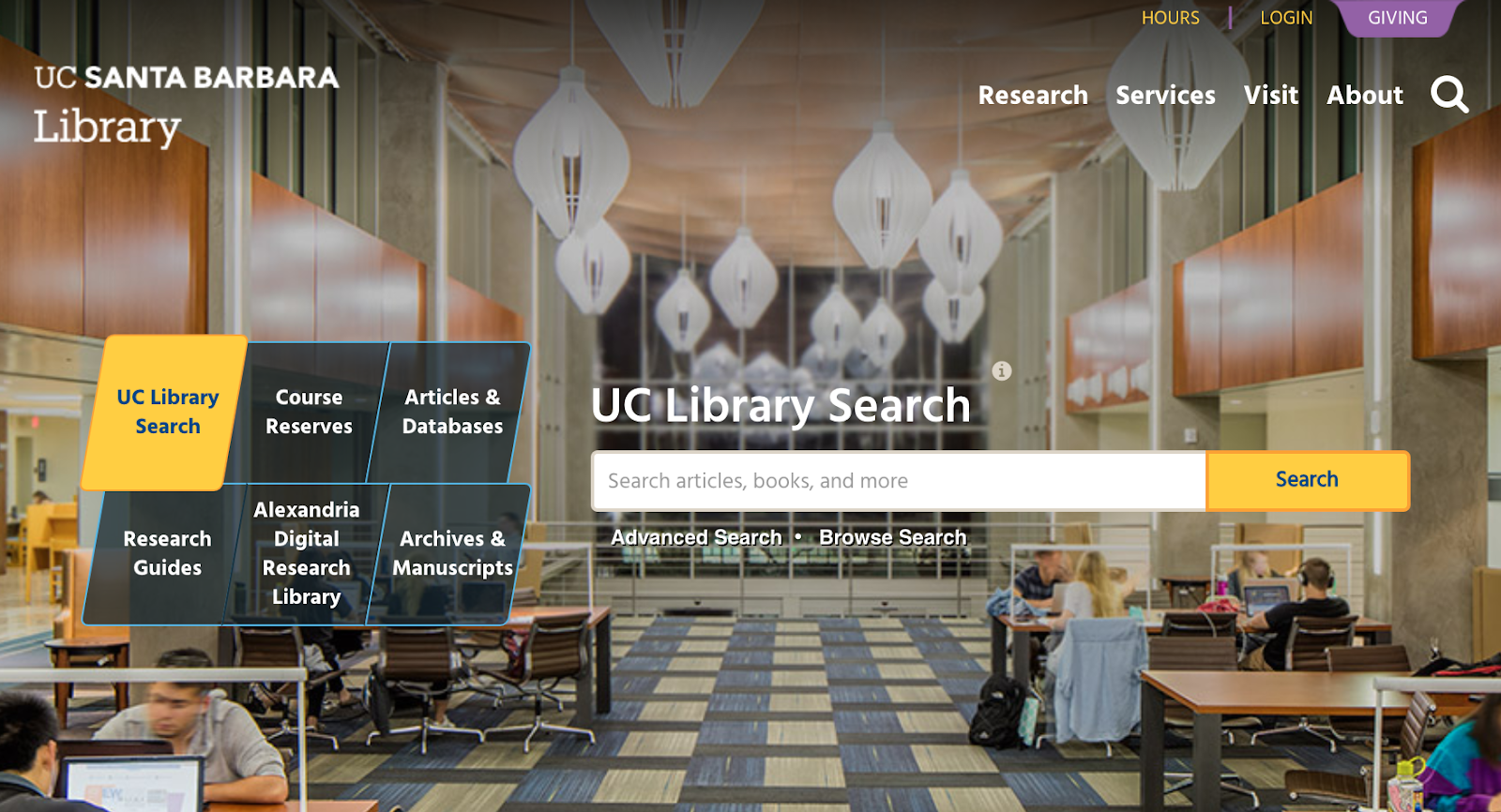 Screen capture of the UCSB Library homepage. The six tile menu on the left-hand side of the screen now list, UC Library Search, Course Reserves, Articles & Databases, Research Guides, Alexandria Digital Research Library, and Archives & Manuscripts.