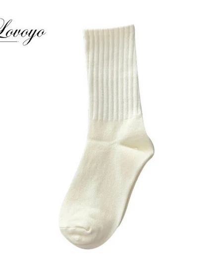 Women Classic Solid Color Striped Cotton Loose Socks Kore... - 1