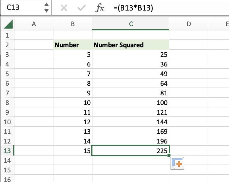 Two-sided chart with numbers in the left column and squared numbers in the right columns that shows how to square numbers in excel