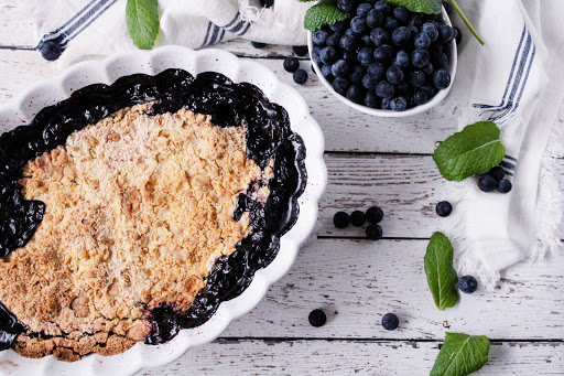 Blueberry Cobbler with topping baked to a golden brown.