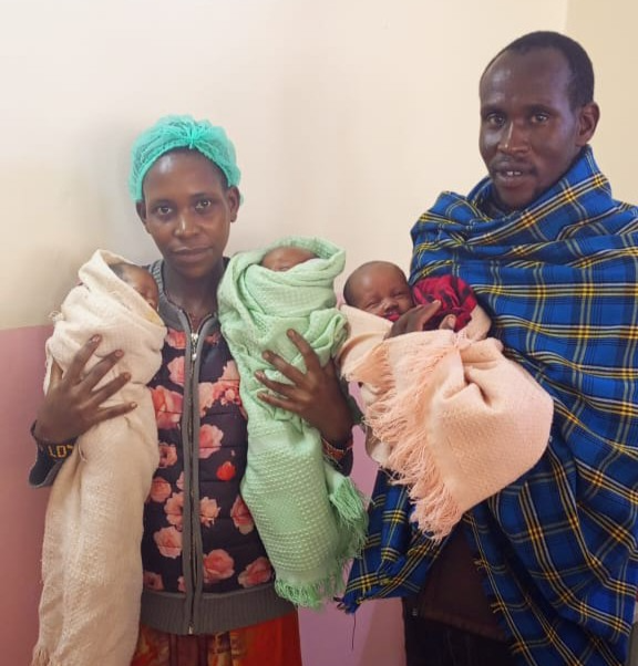 Evelyne Simayio and her husband Lemarpe Ronda at Kajiado referral hospital on Thursday. They are appealing for financial support to be able to provide care for the triplets.