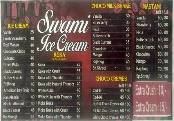 Swami Ice Cream menu 