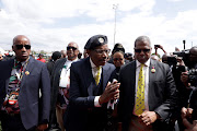 Prince Ntuthukoyezwe Buthelezi flanked by IFP president Velenkosini Hlabisa and party KZN chairperson Thami Ntuli.