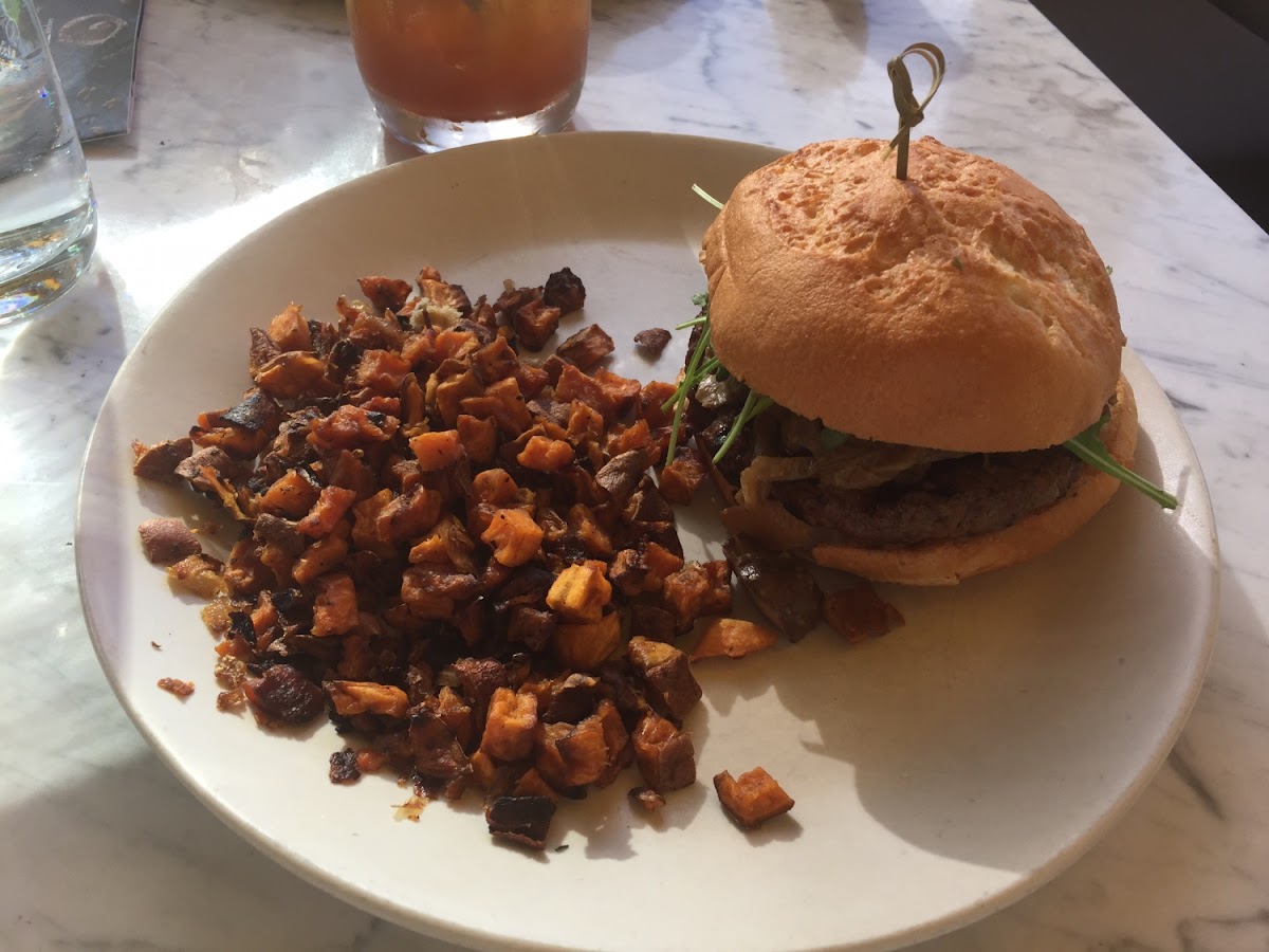 Gf burger and sweet potato hash