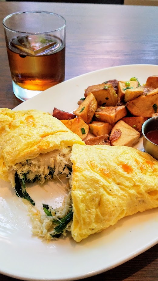 Headwaters Brunch - Dungeness Crab Omelette with gruyere, spinach, and breakfast potatoes