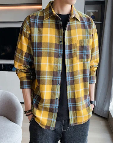 Men's Color Block Plaid Shirt Long - 2