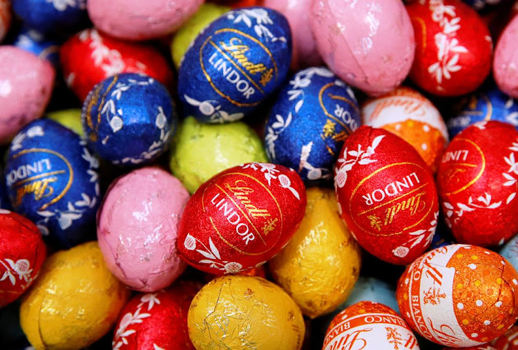 Lindor chocolate eggs of Swiss chocolatier Lindt & Spruengli are displayed during the annual news conference in Kilchberg, Switzerland on March 3 2020. Picture: REUTERS/ARND WIEGMANN.