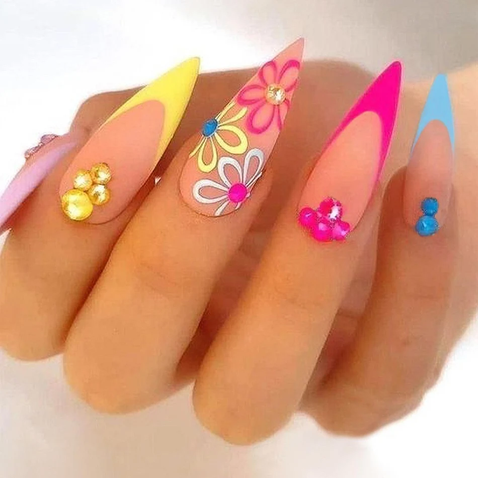Faux Ongles Fleurs Arc-en-ciel Petites, Goutte Pointue, Strass, Design Français Portable et Parfait pour Vous.
