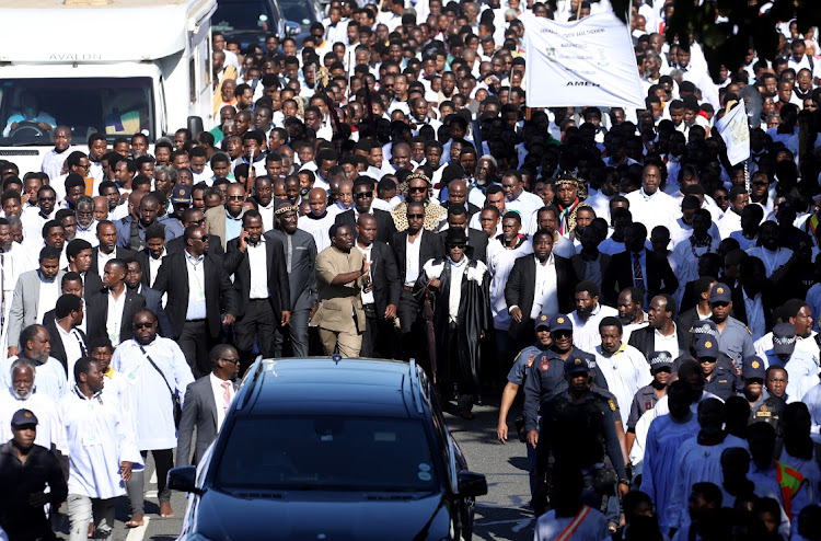 Church leader Mduduzi Shembe leads thousands of followers in the procassion. Photo: SANDILE NDLOVU