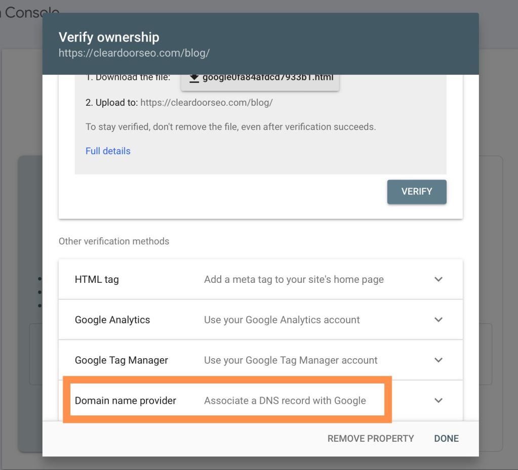 Setting up search console via url prefix property