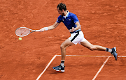 Daniil Medvedev plays a forehand in his first round match against Facundo Bagnis of Argentina on day three of the French Open at Roland Garros in Paris on May 24 2022.