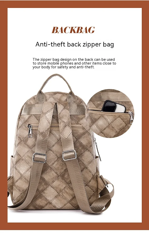 Mochila Feminina Casual Retrô de Couro Macio com Design de Losangos, Simples e Urbana, Perfeita para o Dia a Dia