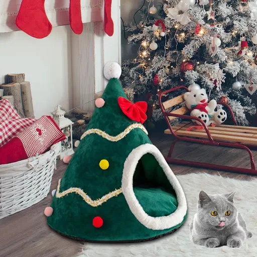 YOKEE Christmas Cozy Nesk Bed Cat House Pet for Small Dogs Puppy Mat Kitten Cave Winter Warm Soft Comfortable Basket Dee