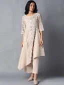 W Beige Printed Flared Kurta