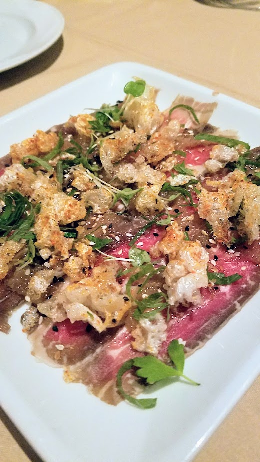 A Nice Dinner at Ringside Fish House with a starter of Miso Cured Dry Aged NY Carpaccio with Daikon, Yuzu Ponzu, Shiso, Sesame, Puffed Beef Tendon