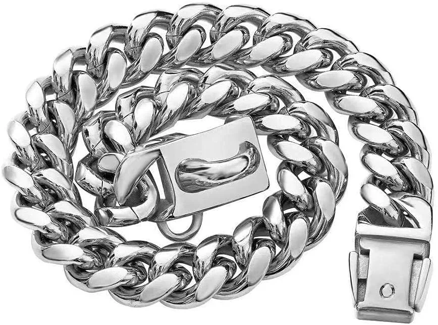 Collare per cani 14mm Catena Cubana Acciaio Inox Chiusura di Sicurezza Oro Argento. Resistente, elegante e sicuro. Perfetto per ogni avventura.