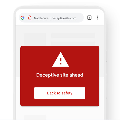A phone featuring a warning notification from Google Chrome about a deceptive website