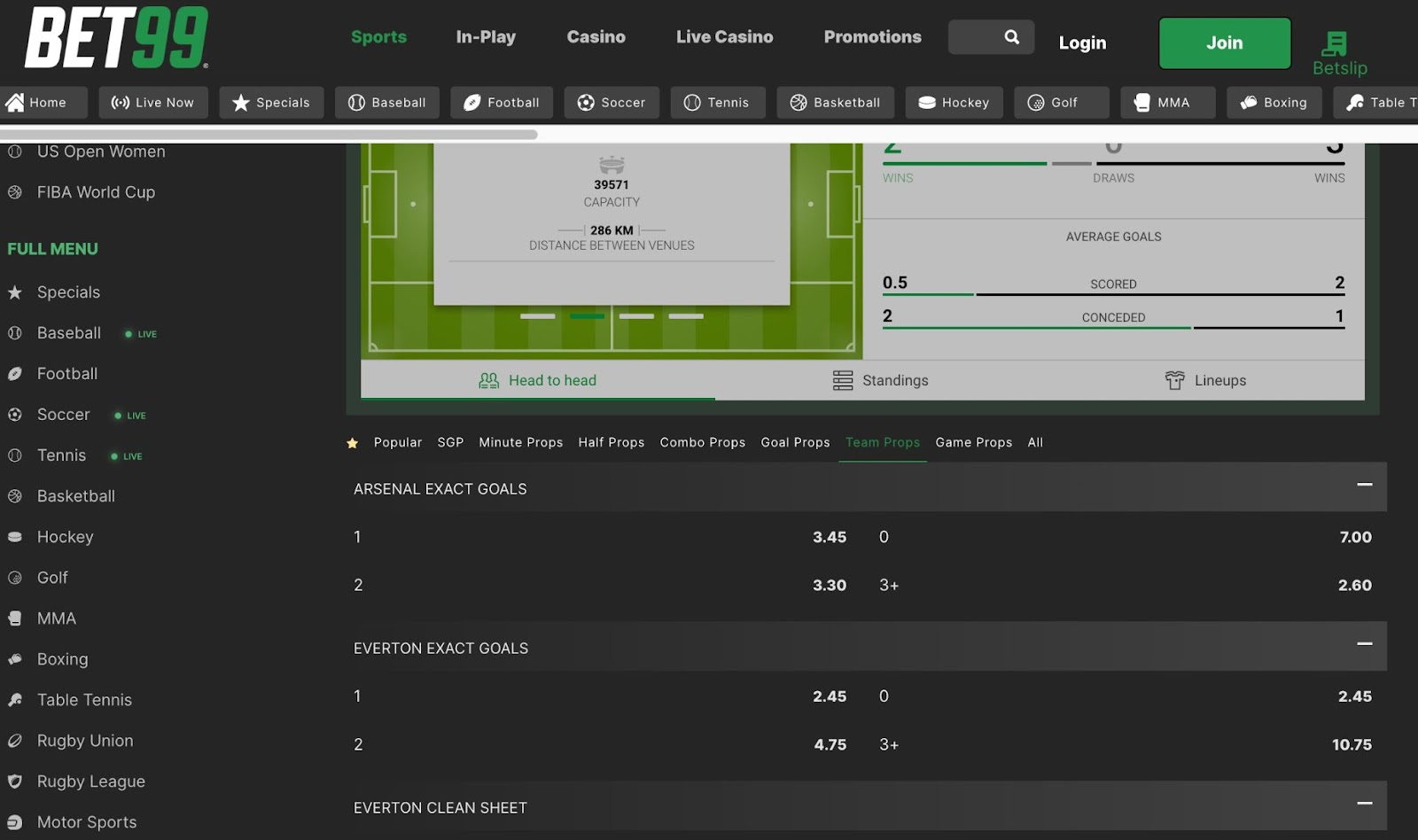 Everton v Arsenal. team props at Bet99