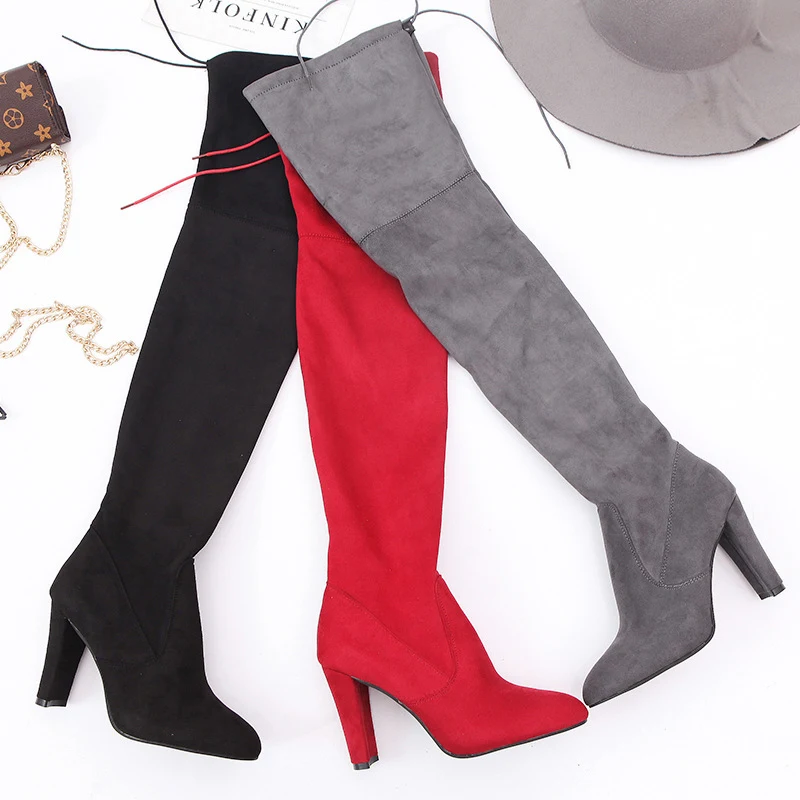Winterse overknee laarzen, spitse neus, mat leer, dikke hak, grote maat, buitenlandse stijl, perfect voor de winter.