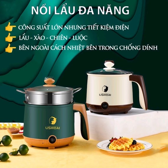 Nồi Lẩu Mini Đa Năng, Ca Nấu Mì 18Cm 2 Nấc Nhiệt Kèm Giá Hấp, Đế Chống Dính, Chiên Xào, Hấp, Luộc, Ăn Lẩu Tiện Lợi