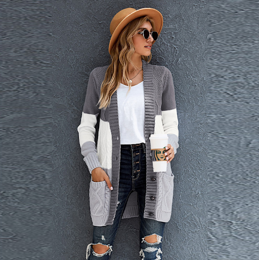 Title 14, V-neck Single-breasted Long-sleeved Knitted Swe...
