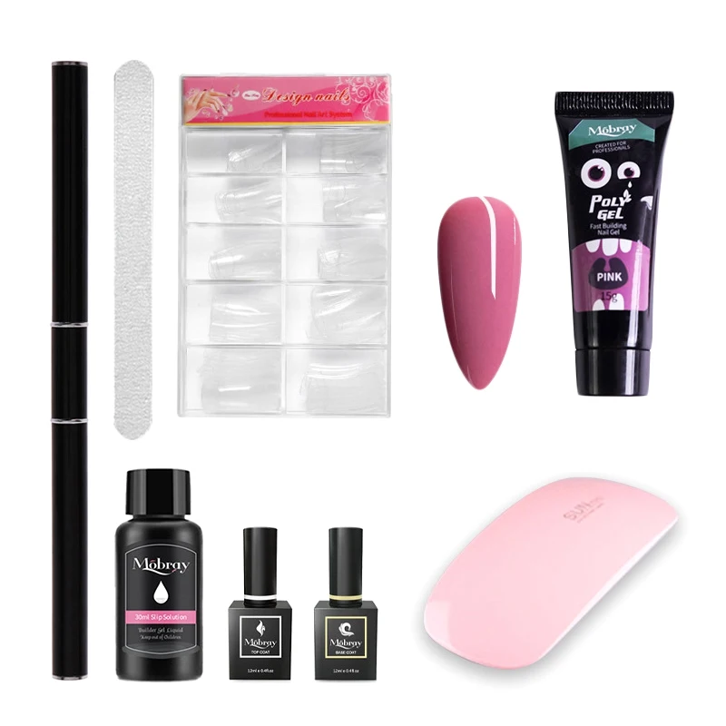 Kit completo para manicura con lámpara de fototerapia, crema de extensión de uñas y set para resultados profesionales desde casa.