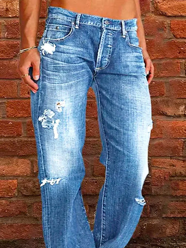 Title 3, Loose wide leg denim retro washed ripped trouse...