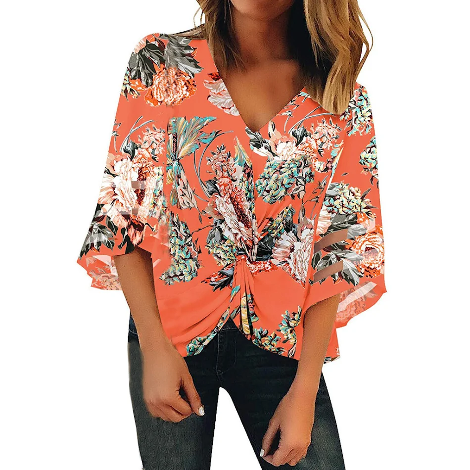 Dames V-hals shirt met klokmouwen, bedrukt en geknoopt, losvallende top, ideaal voor casual outfits, comfortabel en modieus.